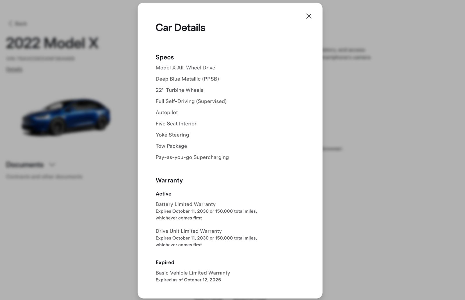 Tesla specs and warranty for this 2022 Tesla Model X