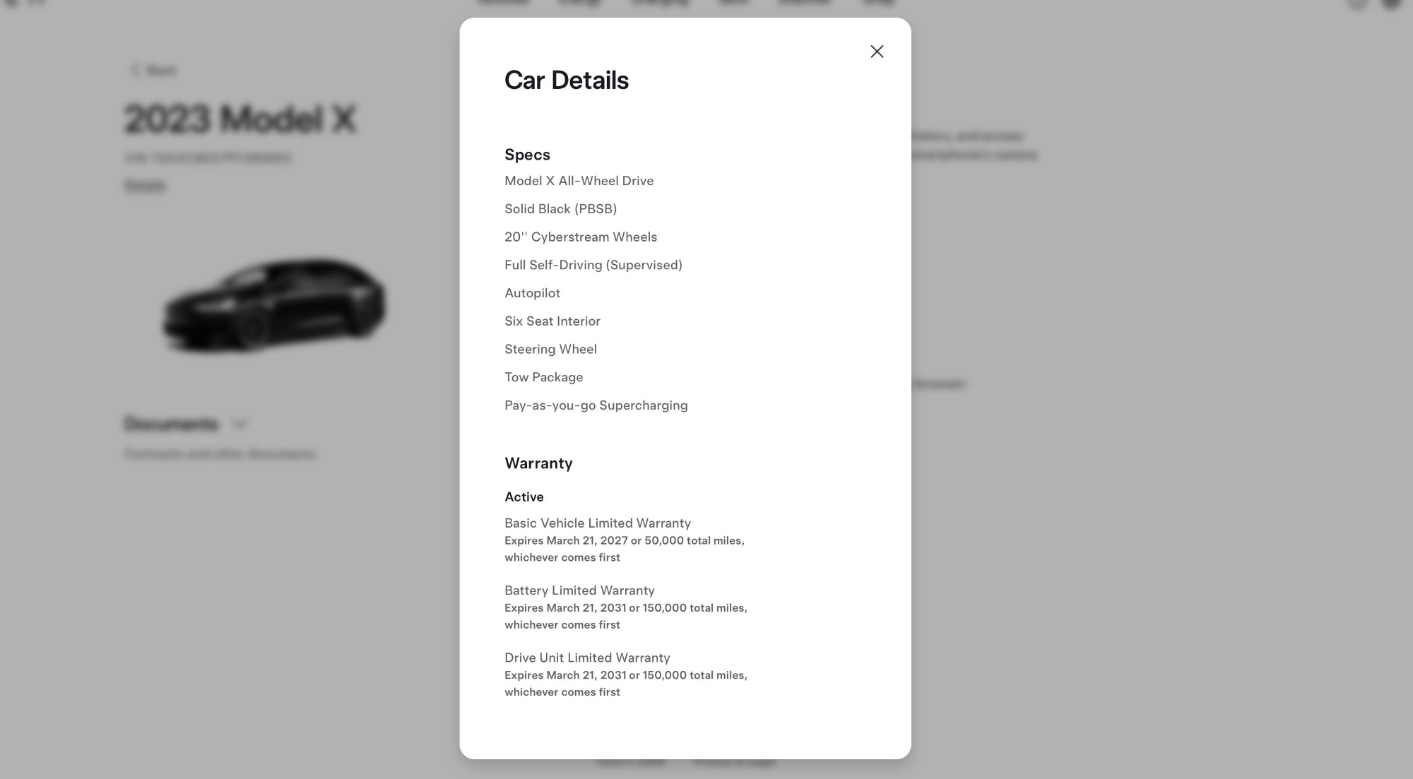 Tesla specs and warranty for this 2023 Tesla Model X