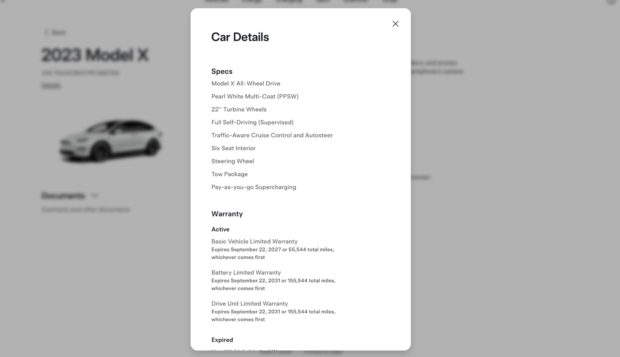 Tesla specs and warranty for this 2023 Tesla Model X