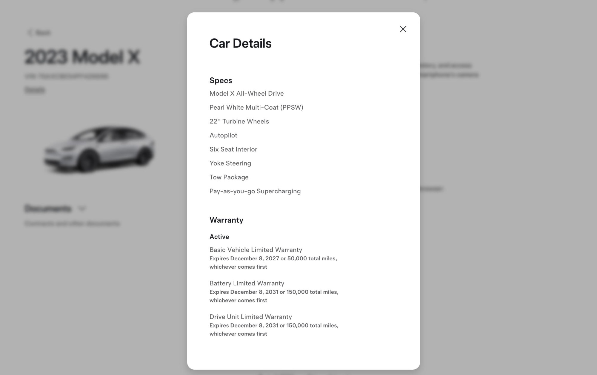 Tesla specs and warranty for this 2023 Tesla Model X