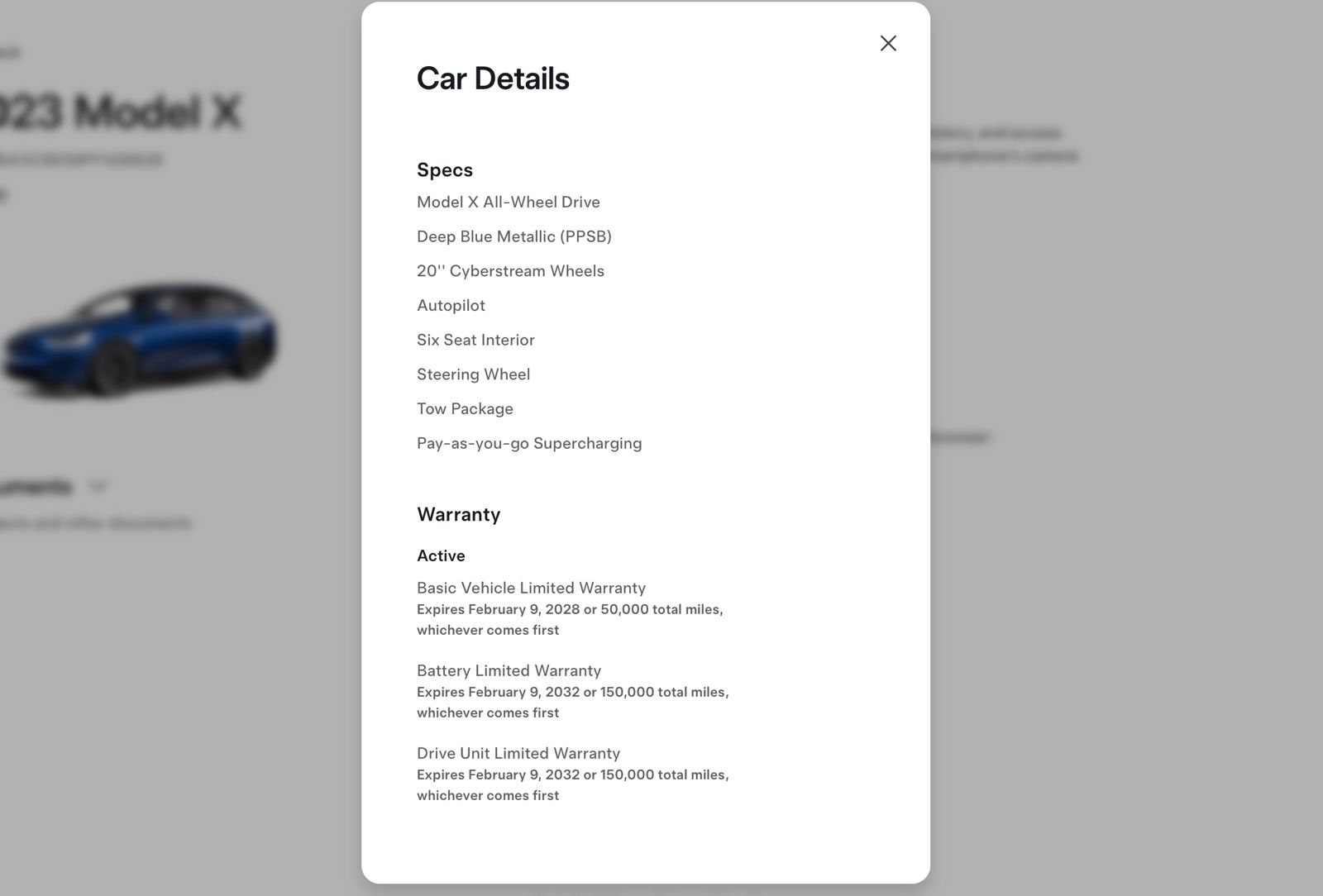 Tesla specs and warranty for this 2023 Tesla Model X