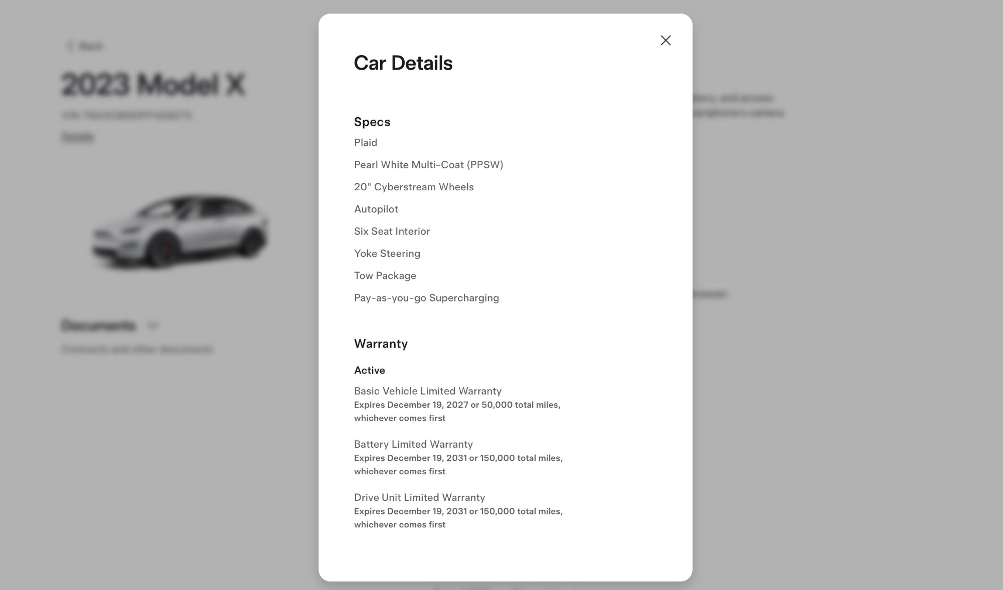 Tesla specs and warranty for this 2023 Tesla Model X