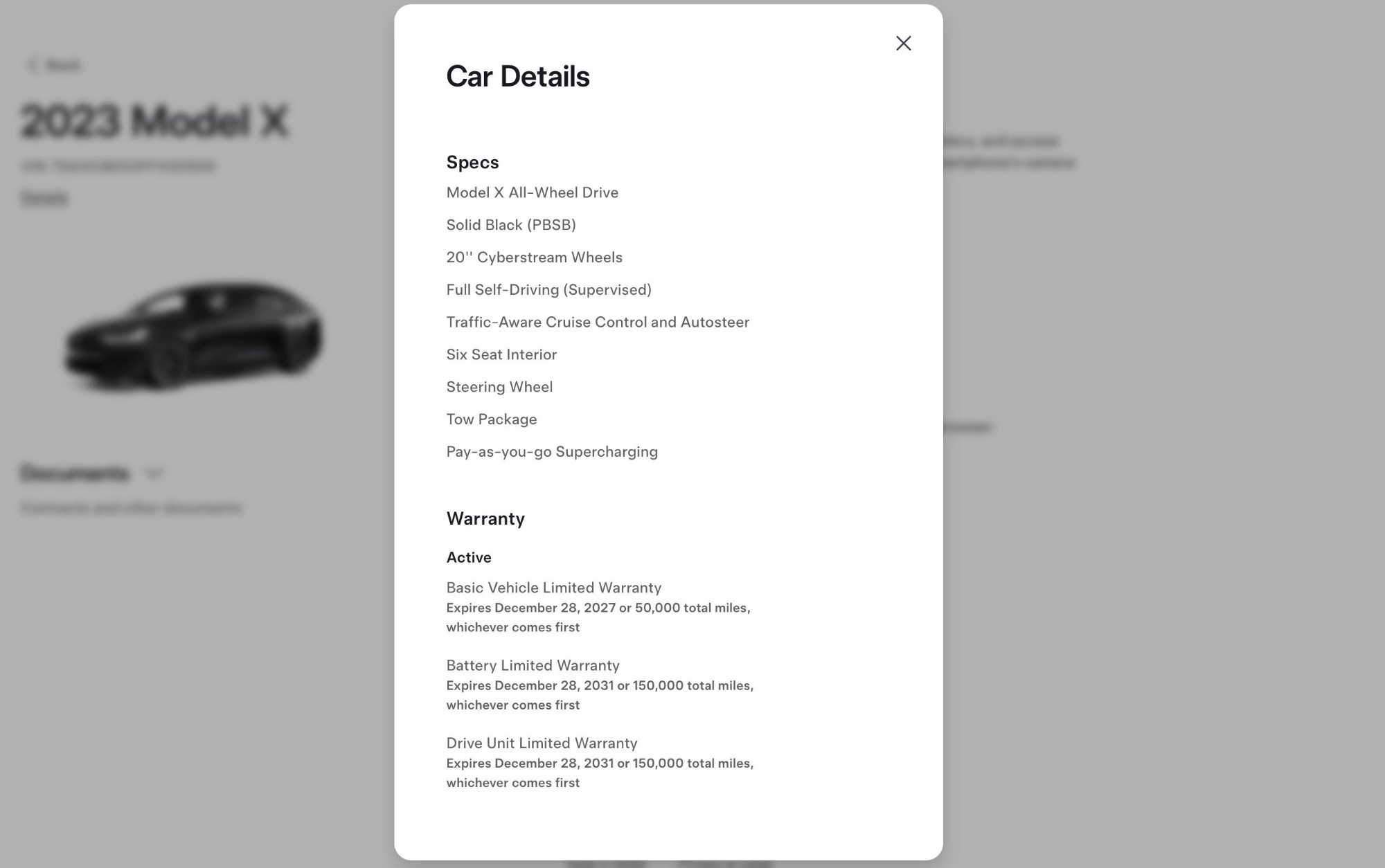 Tesla specs and warranty for this 2023 Tesla Model X