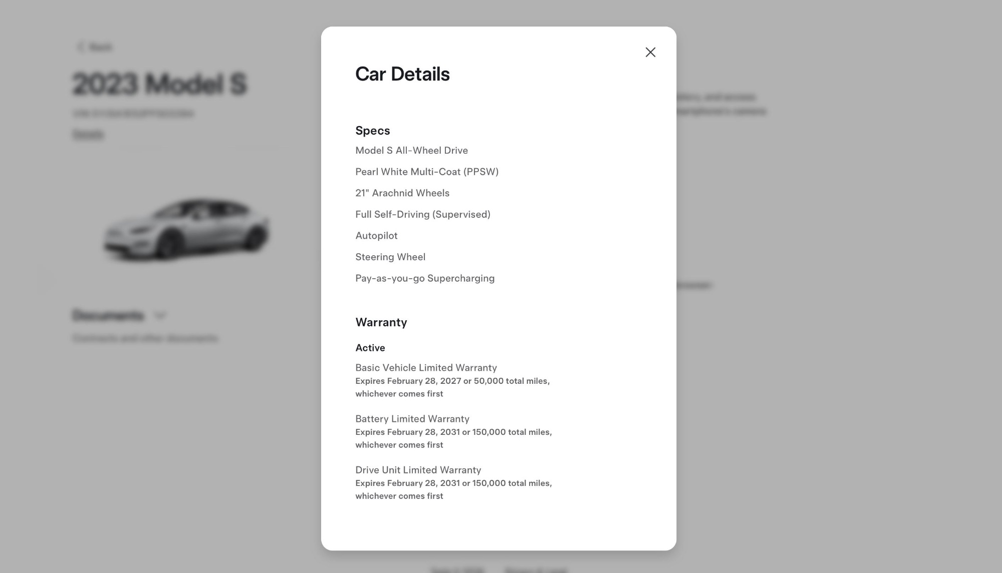 Tesla specs and warranty for this 2023 Tesla Model S