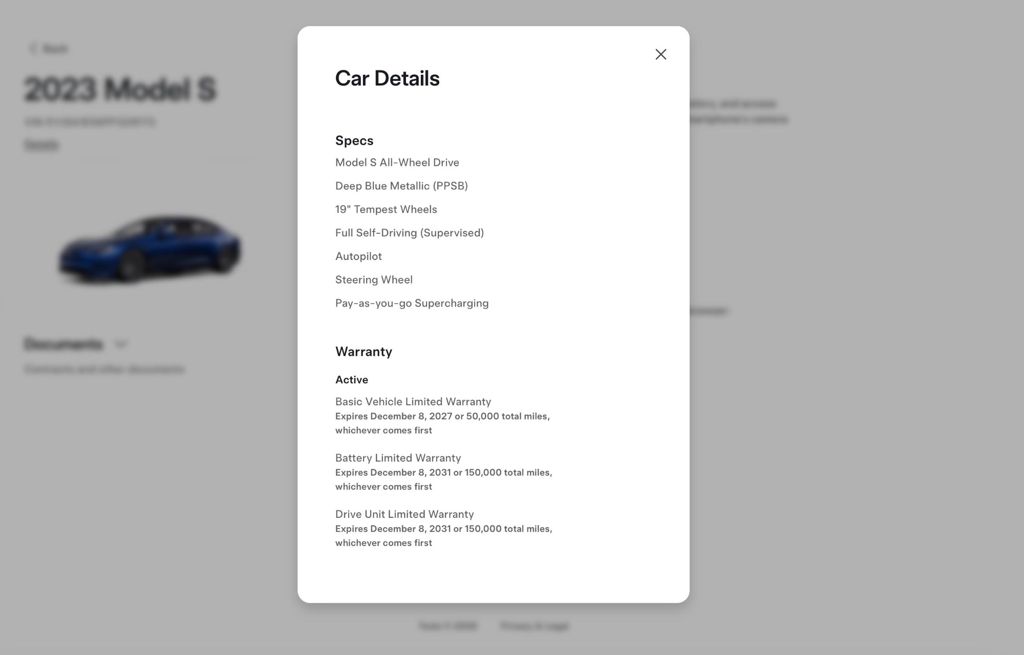 Tesla specs and warranty for this 2023 Tesla Model S