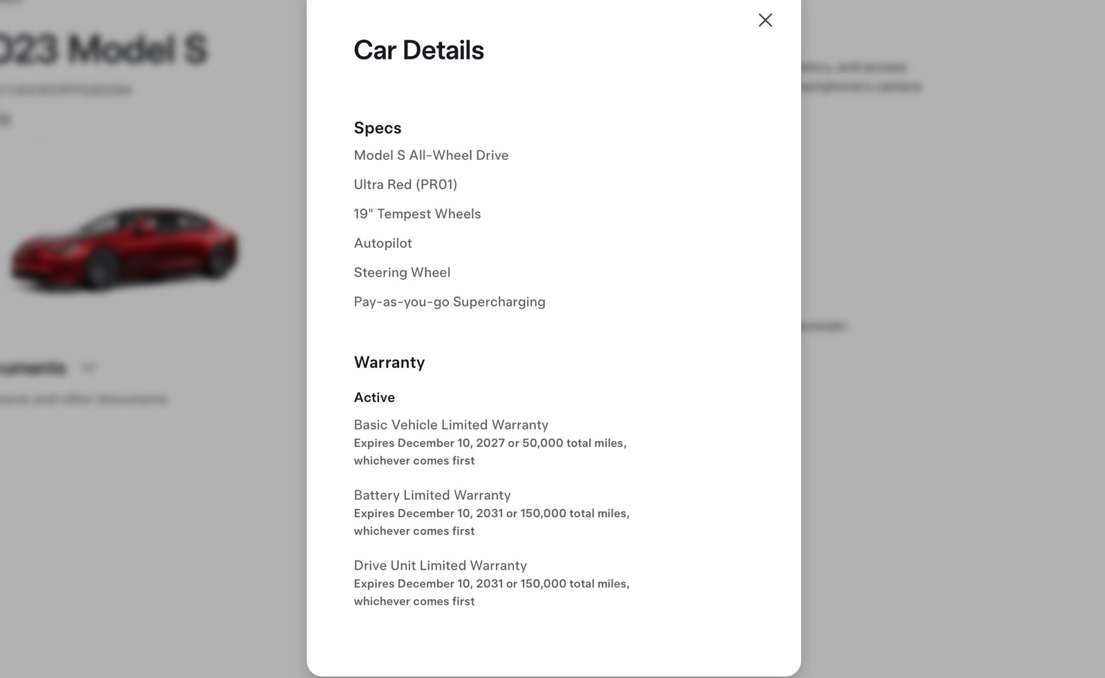 Tesla specs and warranty for this 2023 Tesla Model S