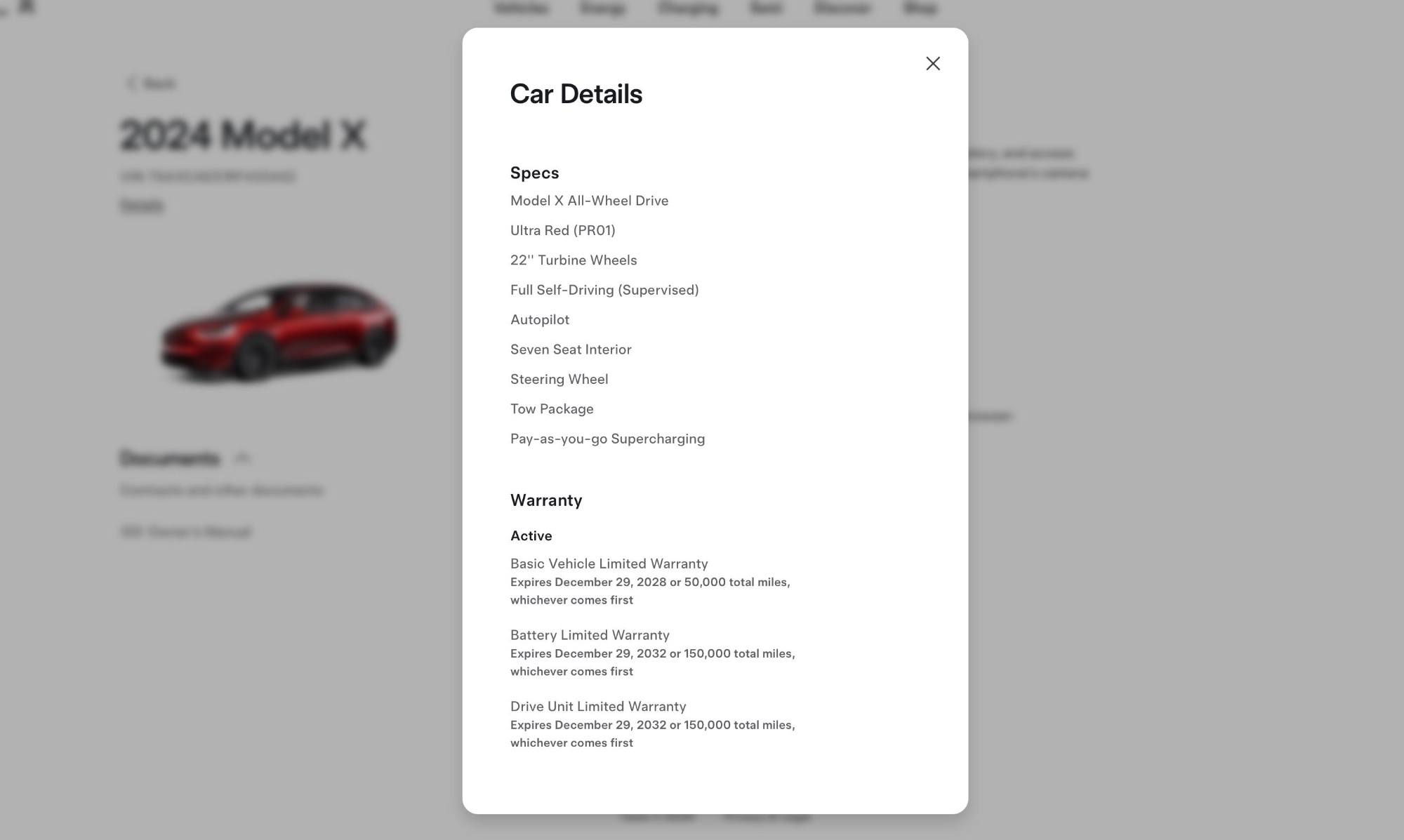 Tesla specs and warranty for this 2024 Tesla Model X