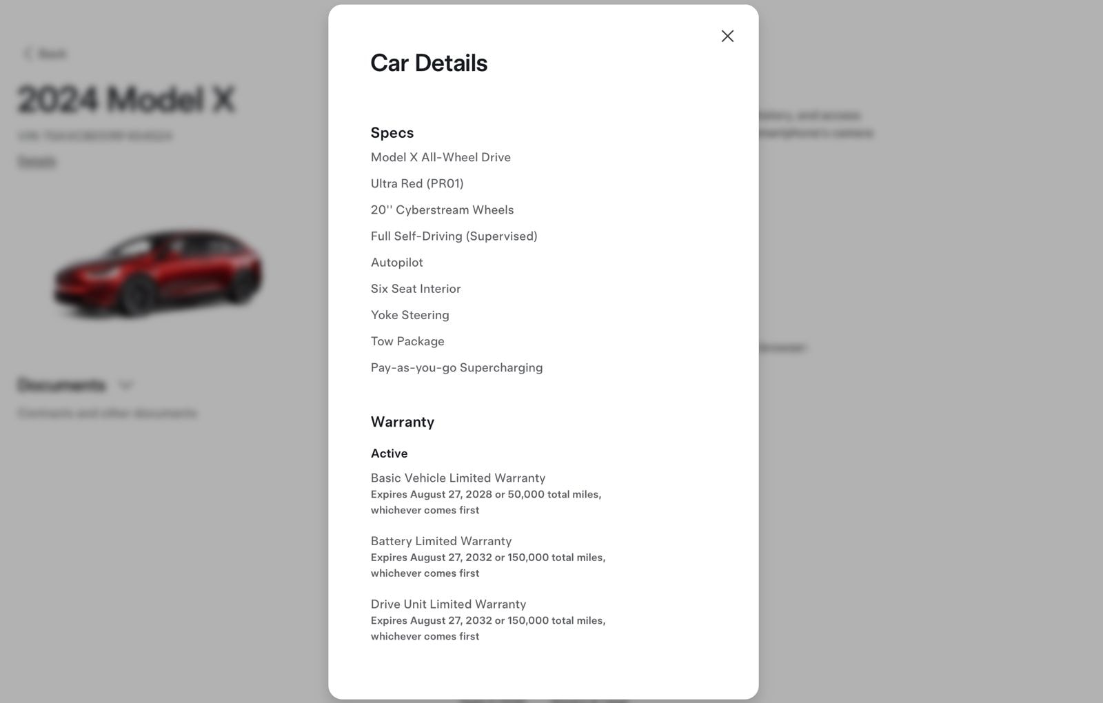 Tesla specs and warranty for this 2024 Tesla Model X