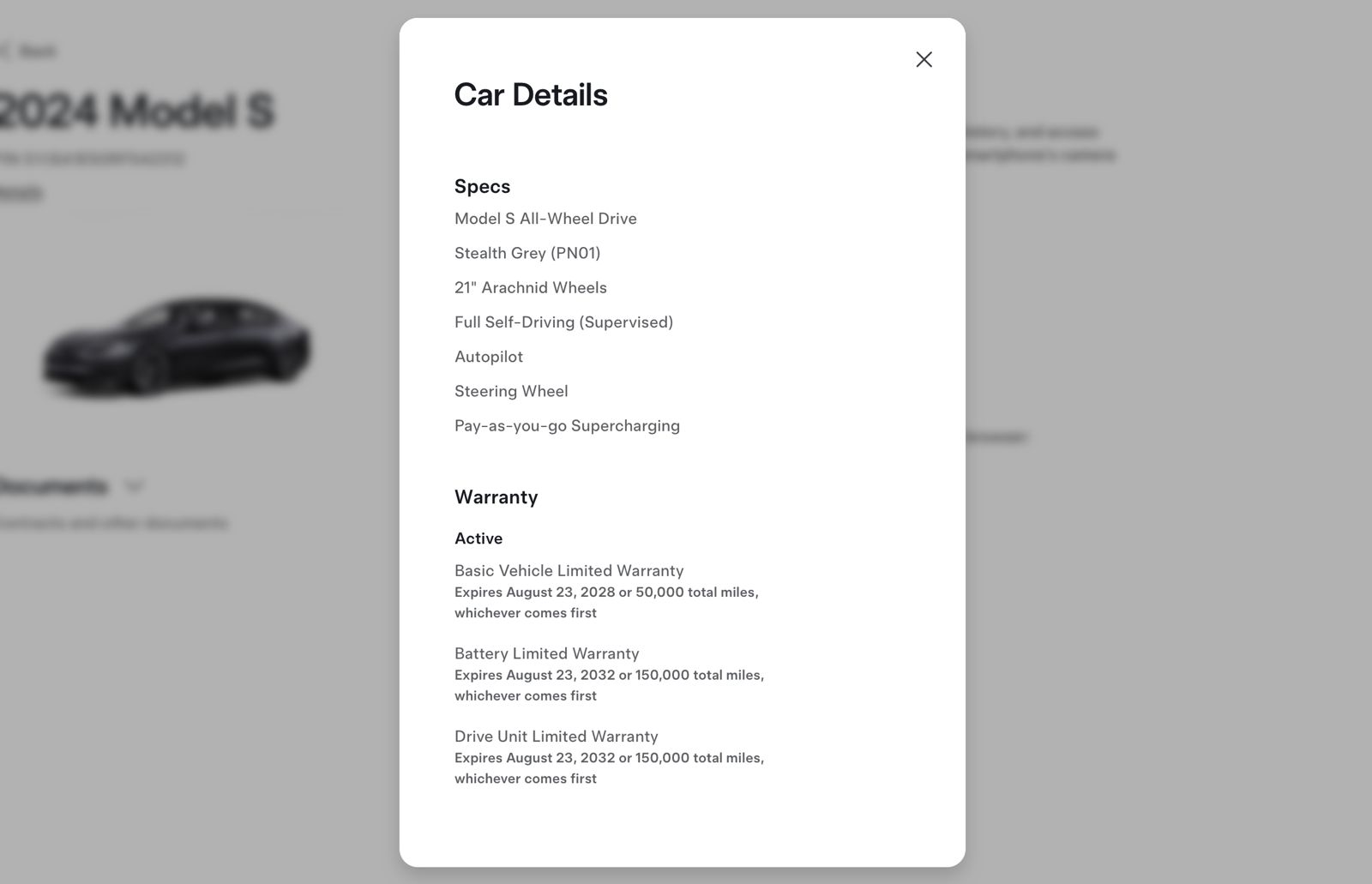 Tesla specs and warranty for this 2024 Tesla Model S