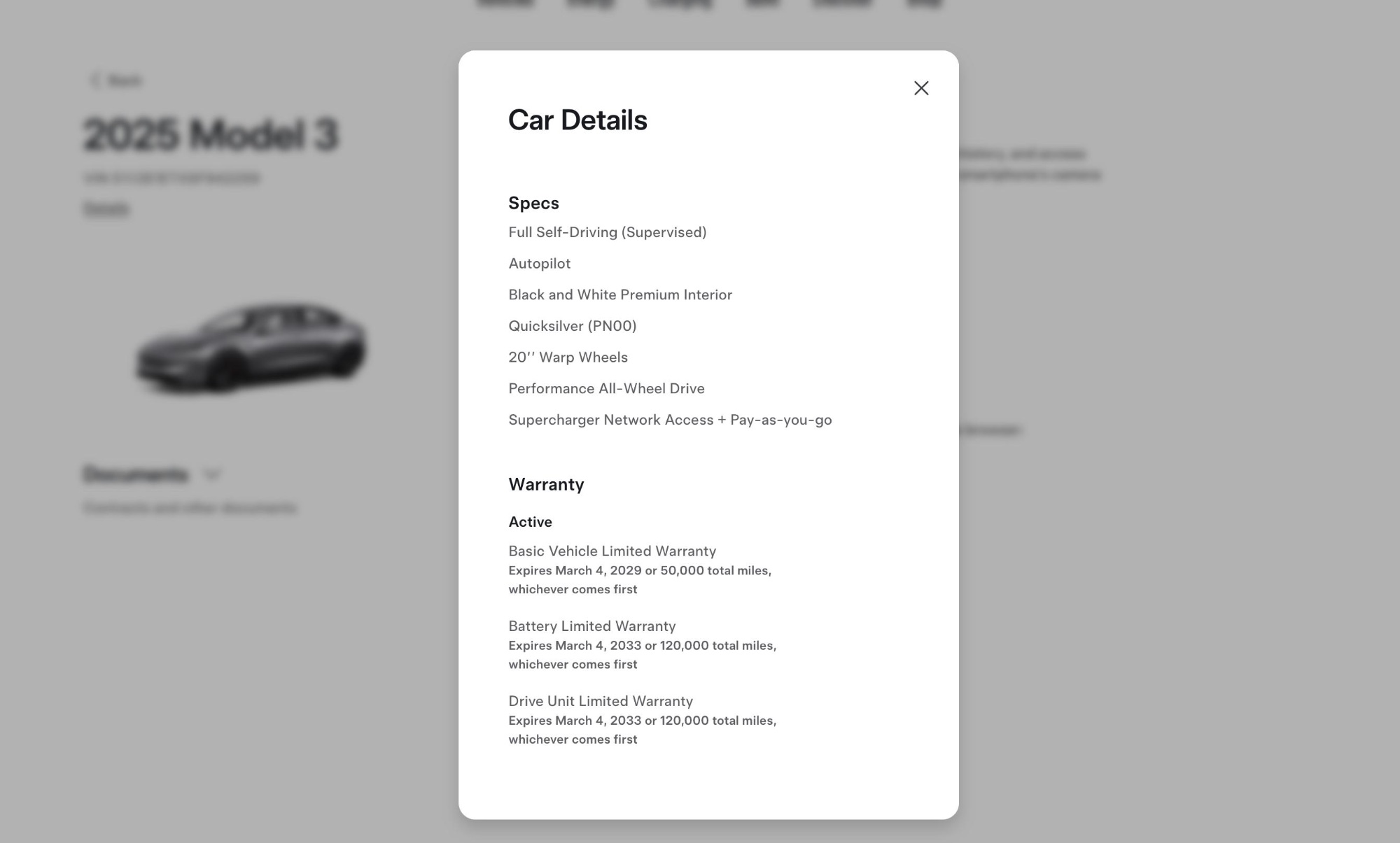 Tesla specs and warranty for this 2025 Tesla Model 3