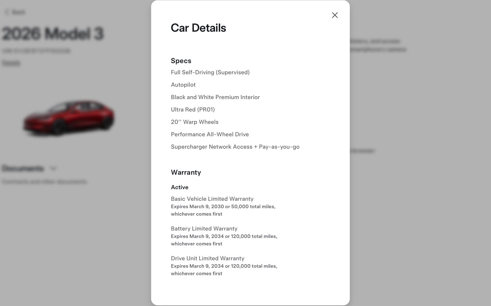 Tesla specs and warranty for this 2026 Tesla Model 3