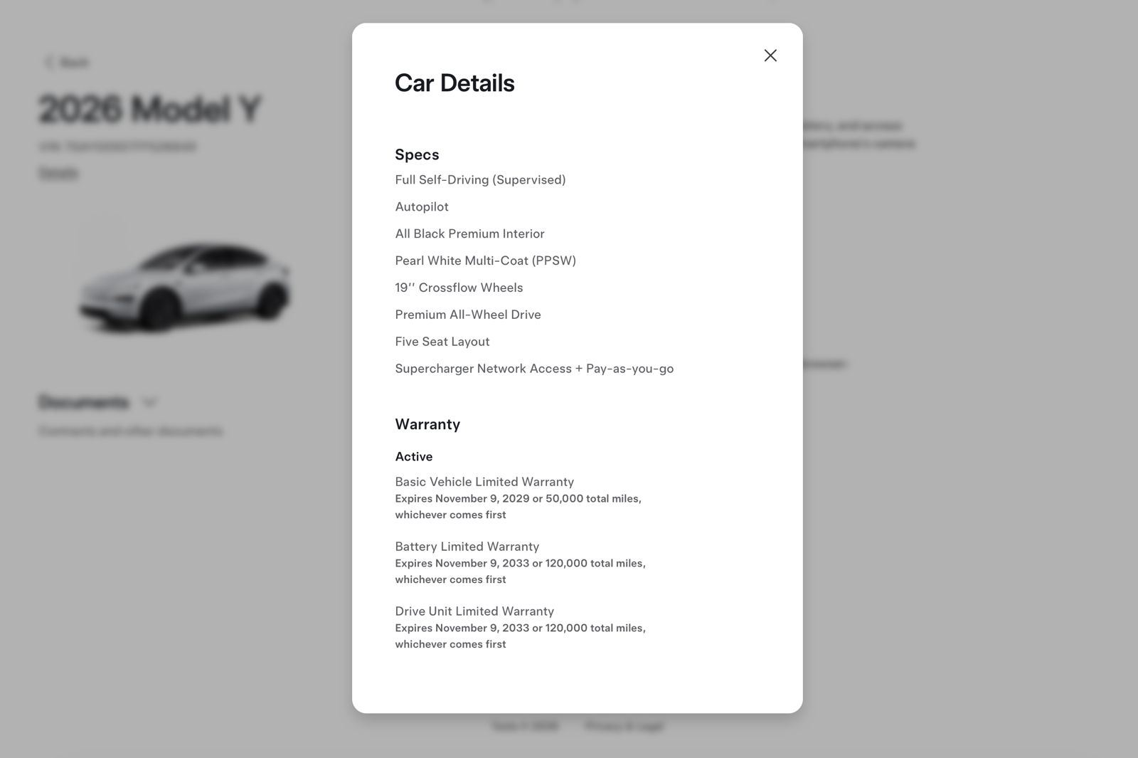 Tesla specs and warranty for this 2026 Tesla Model Y